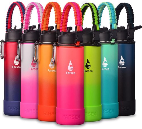 Farsea Insulated Water Bottle - 24 oz Stainless Steel with Paracord Handle & 2 Lids | BPA-Free, Sweat-Proof
