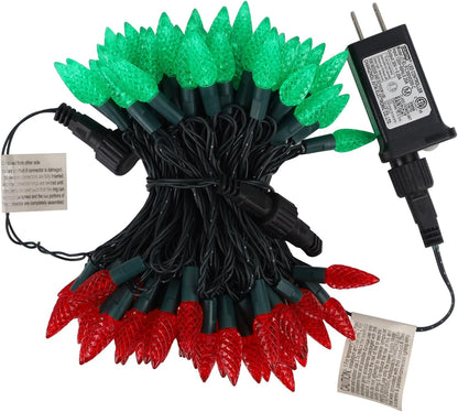 WATERGLIDE C6 33ft LED Christmas String Lights - 100 Faceted Bulbs, Waterproof, 8 Modes | Red & Green