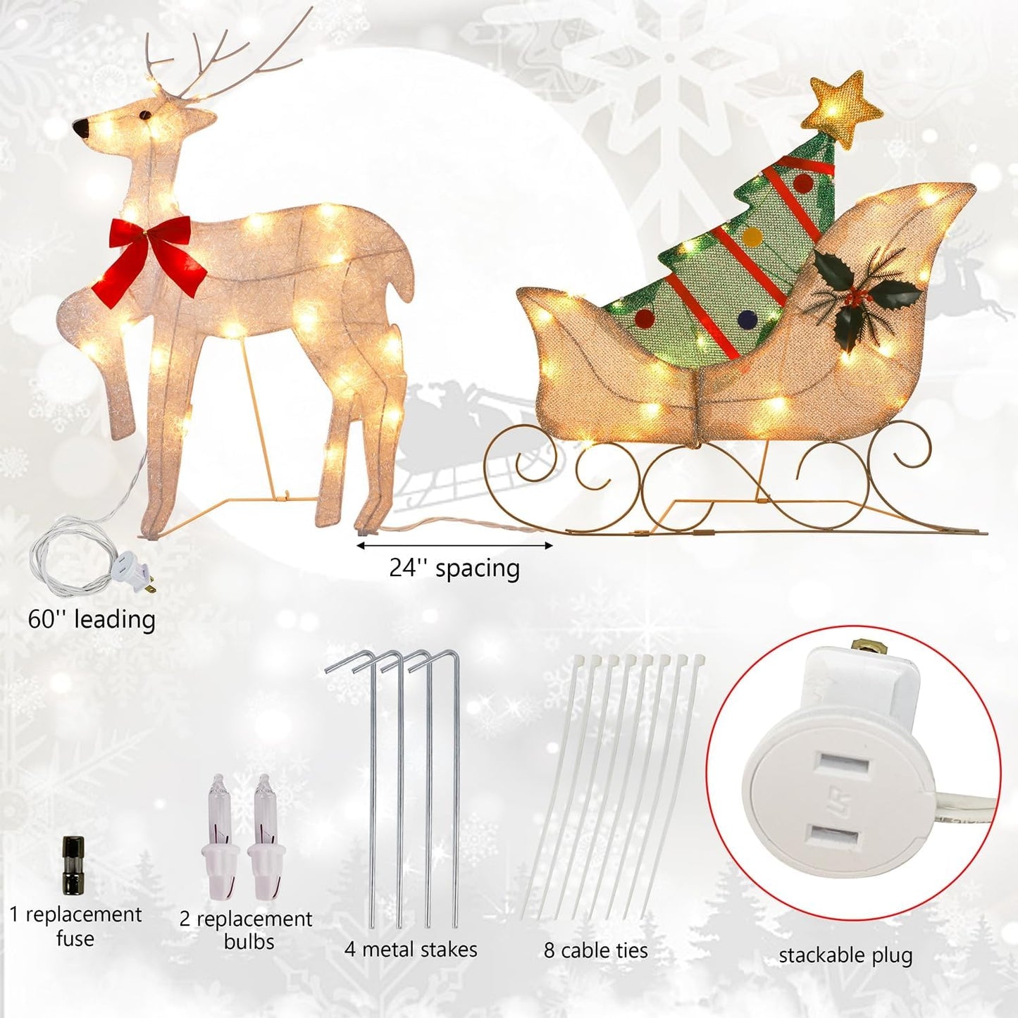WATERGLIDE Christmas Decorations - 23 Inch Lighted Reindeer & Santa Sleigh | Pre-Lit 2D Yard Decor for Festive Outdoor Display