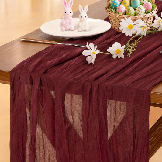 **Socomi Burgundy Red Table Runner - Boho Rustic Cheesecloth Design | 120 Inch for Weddings & Events**