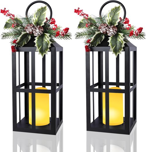 Bdor Christmas Lantern Decoration - 2 Pack with LED Flameless Candle & Pinecones | Holiday Tabletop Decor