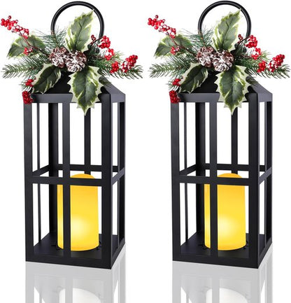 Bdor Christmas Lantern Decoration - 2 Pack with LED Flameless Candle & Pinecones | Holiday Tabletop Decor