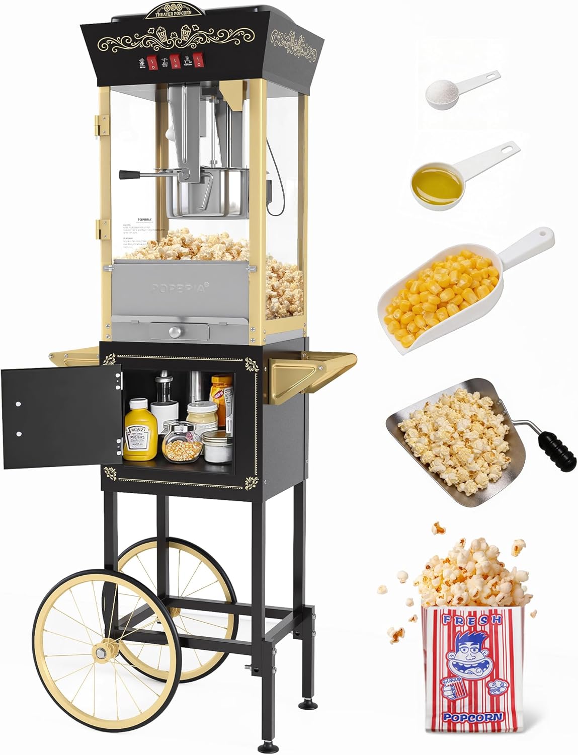 Skiennix Popcorn Machine - 12oz Retro Professional Maker with Warming Deck | 64-Cup Capacity for Home Theater & Parties - Black and Gold