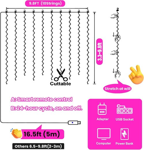 HXWEIYE 300LED Fairy Curtain Lights - 9.8x9.8Ft USB Plug-In with 8 Modes & Remote - Pink, Standard 1 Pack