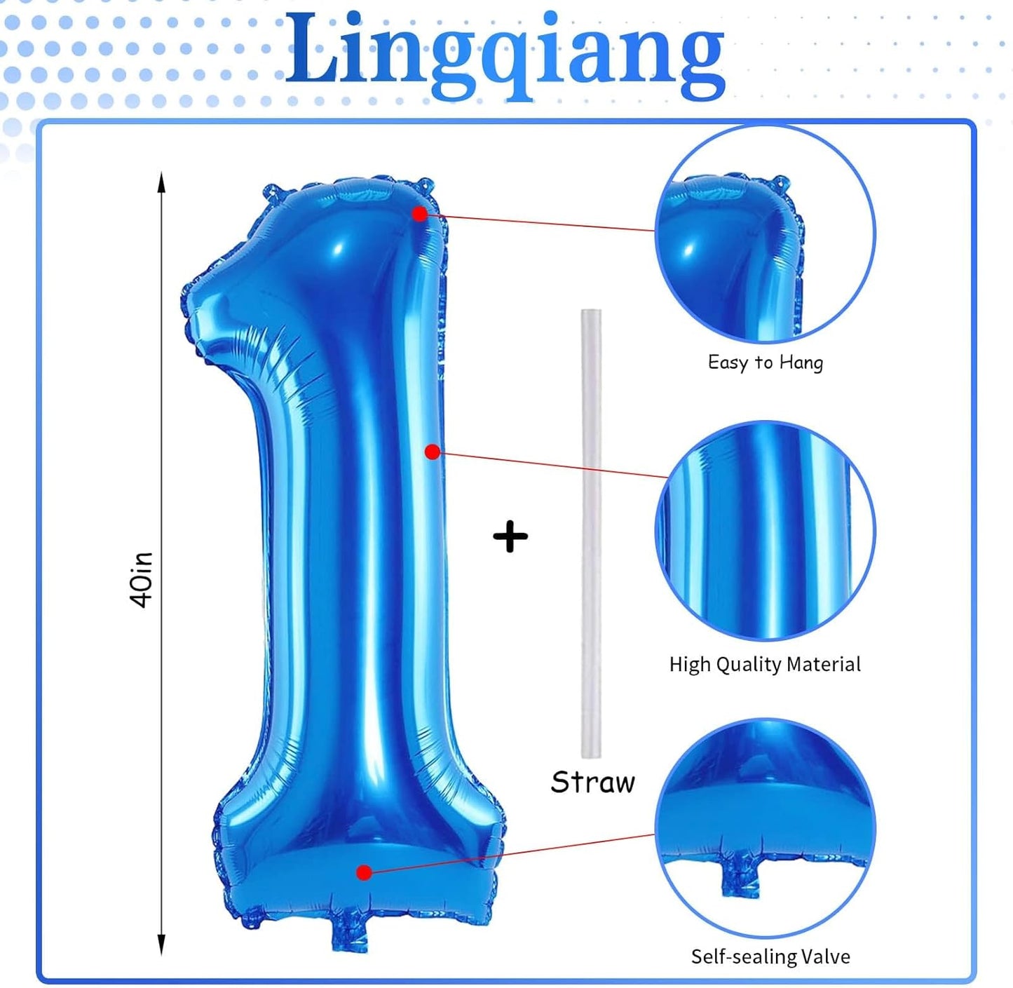 Skiennix 40'' Blue Number 1 Balloon - Giant Self-Inflating Foil for 1st Birthday & Baby Shower Decor