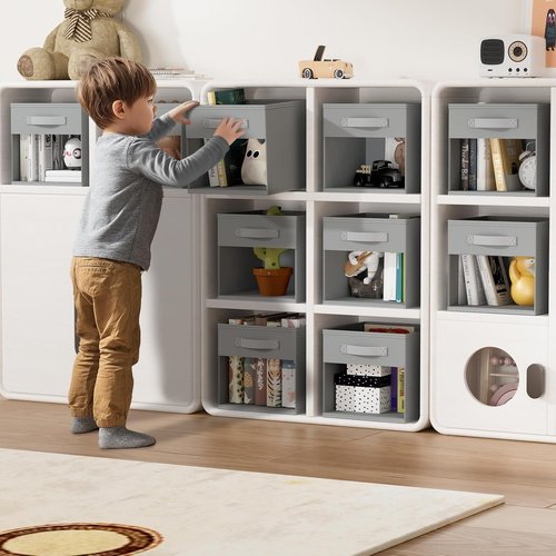 DIMJ Storage Cubes - 11x11 Inch Collapsible Storage Bins with Window | 6-Pack Grey Organizers for Clothes, Toys, Books