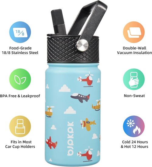 BJPKPK Insulated Water Bottle - 15 oz Stainless Steel Flask with Straw Lid | Leak-Proof & BPA-Free