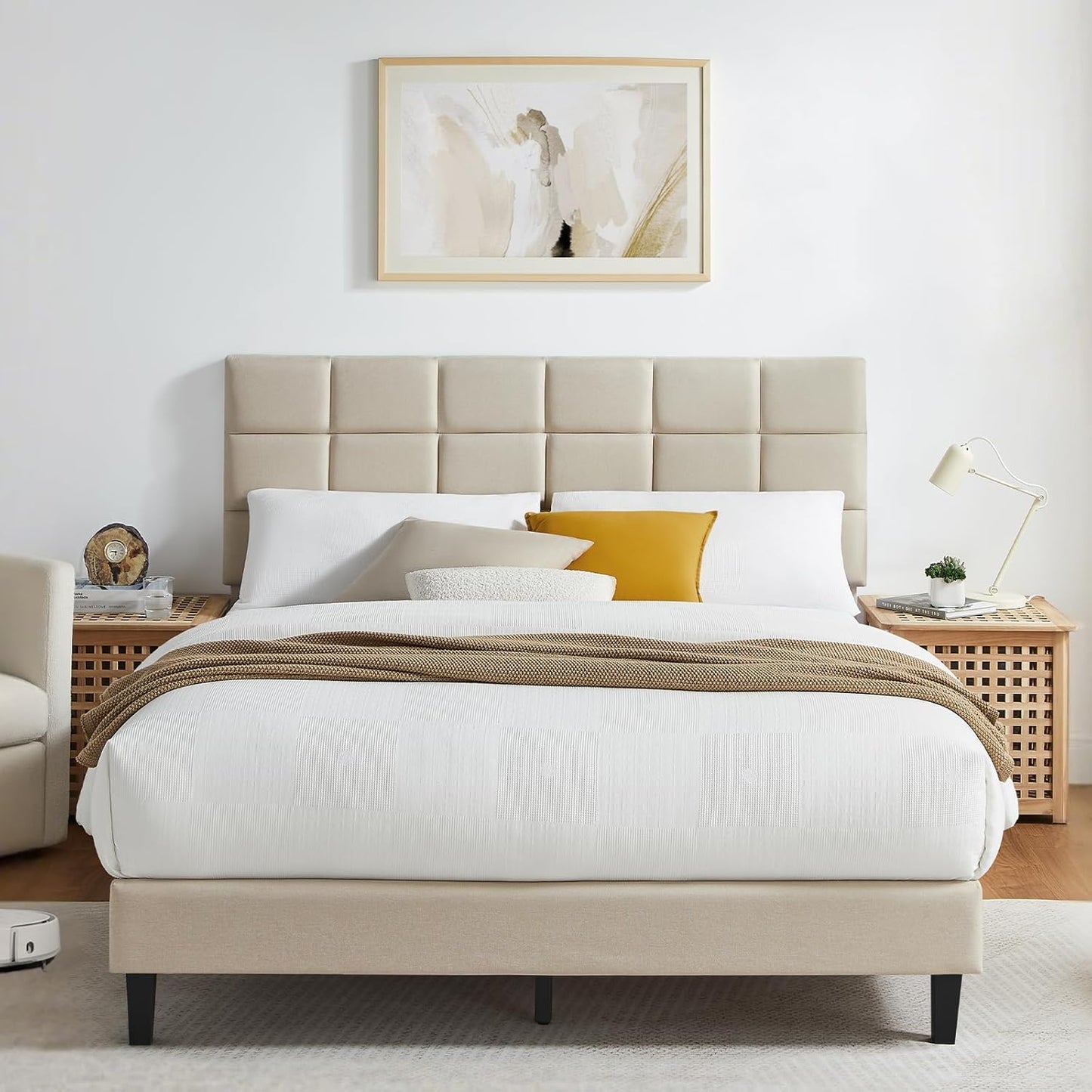 Susalt Queen Size Bed Frame - Upholstered Linen Headboard, No-Noise Design, Easy Assembly, 1000LBS Capacity | Beige