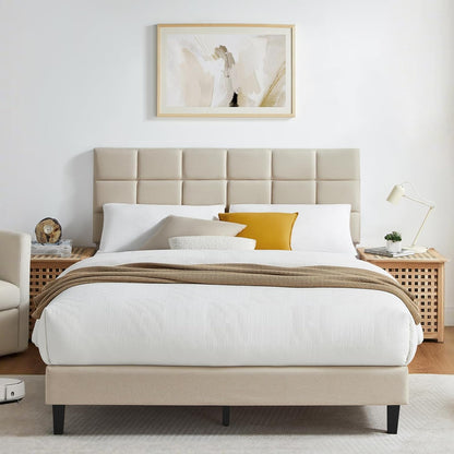 Susalt Queen Size Bed Frame - Upholstered Linen Headboard, No-Noise Design, Easy Assembly, 1000LBS Capacity | Beige