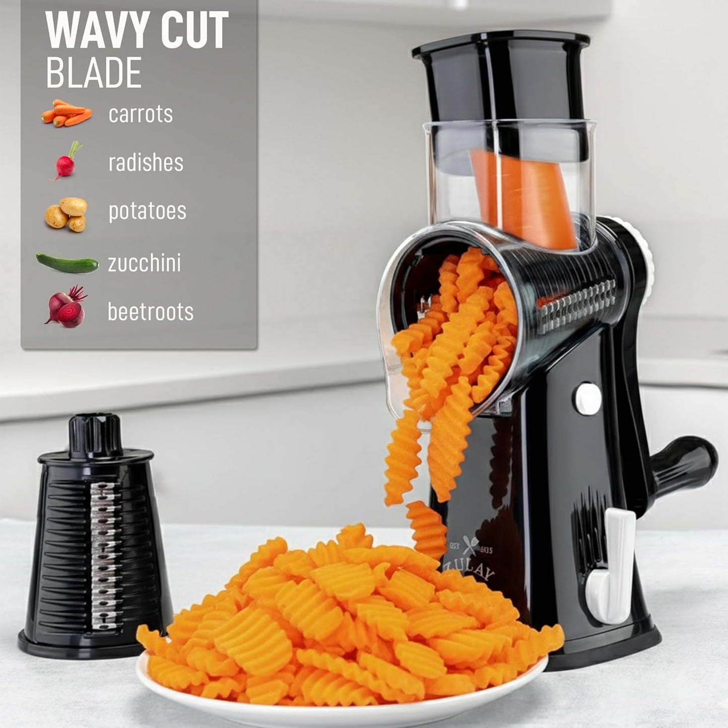 Zulay Kitchen Rotary Cheese Grater - 5 Blade Manual Hand Crank Shredder with Suction Base & Interchangeable Drums
