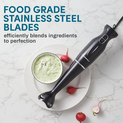 Elite Gourmet Immersion Hand Blender - 300 Watts, 2 Speed with Detachable Blades & Wand - Charcoal Black