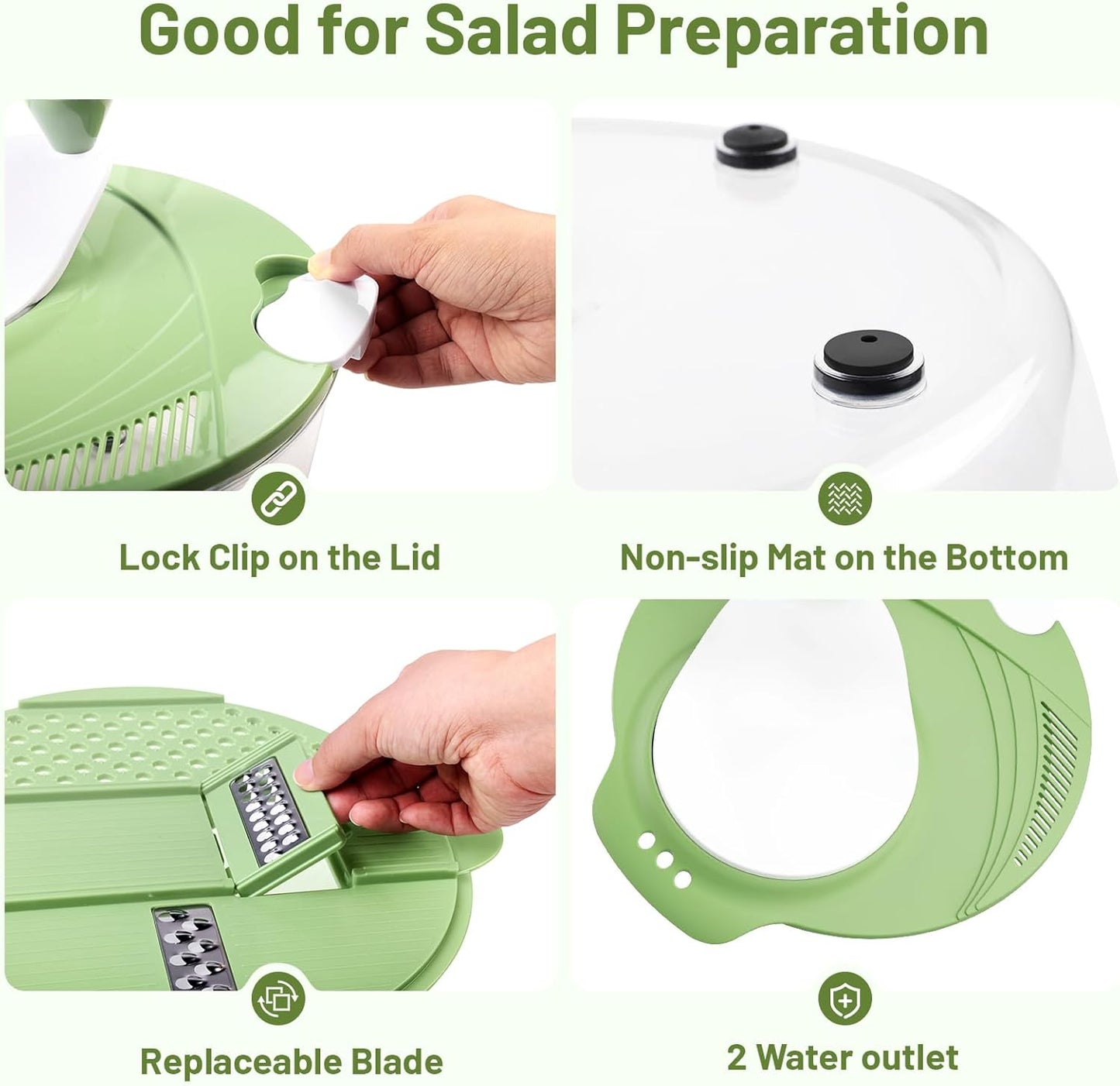 Salad Spinner - Skiennix 5.3 QT Lettuce Spinner with Strainer & 4 Replaceable Blades | Green