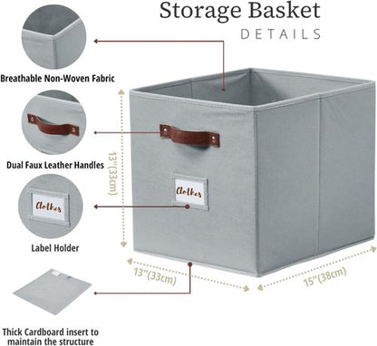 DECOMOMO Storage Baskets - 13x15x13 Cube Bins with Labels for Organized Shelves | Grey (Set of 4)