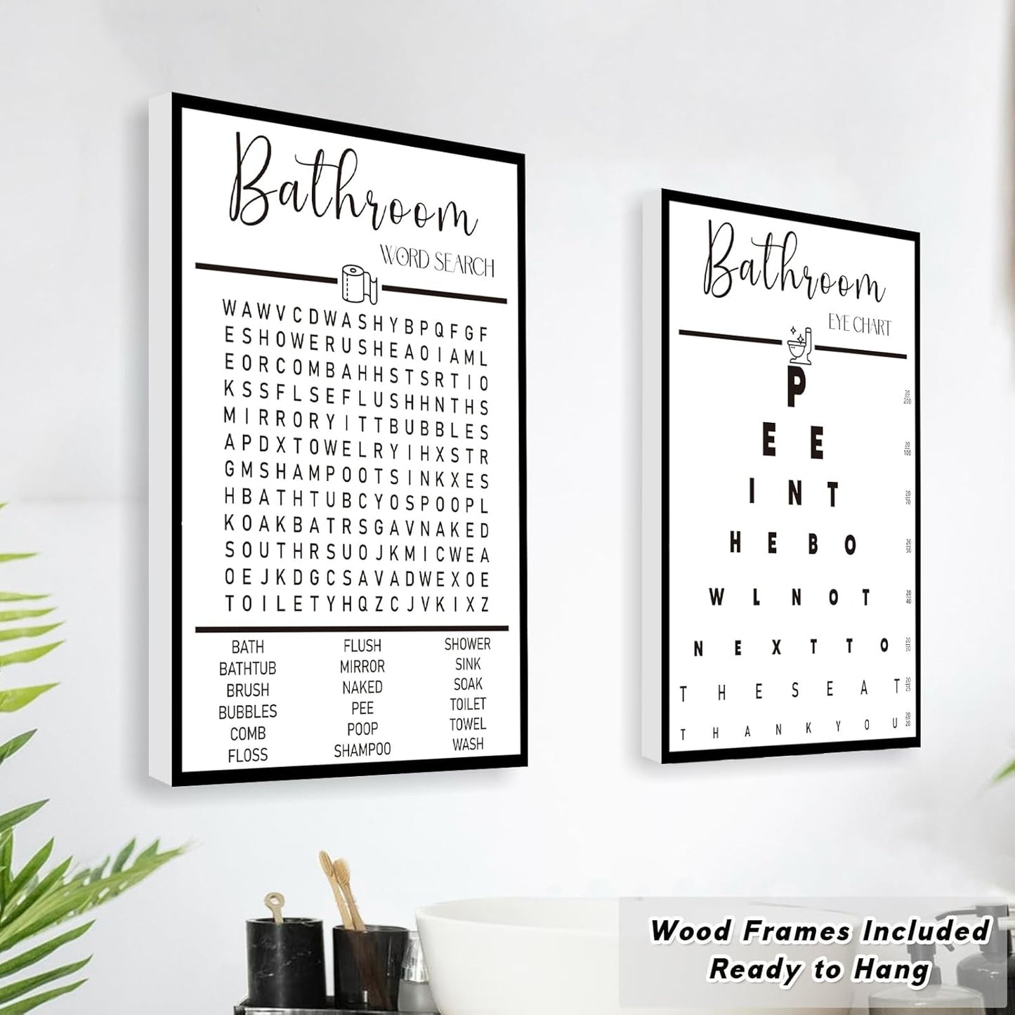 Skiennix Framed Bathroom Wall Art | Black and White Word Search Pee Eye Chart - Wash Your Hands (12x16 in, Set of 3)