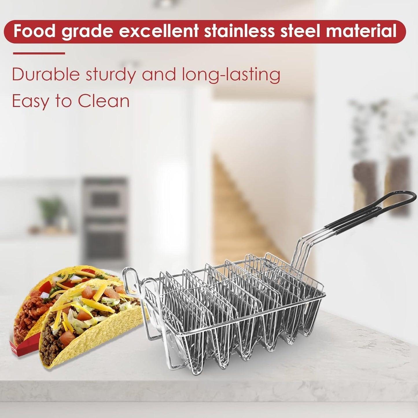 Taco Fryer Basket, 6 Shells Stainless Steel Taco Shell Fry Basket Tortilla Frying Basket, Taco Shell Maker Deep Fry Basket with Detachable Handle, Taco Holder Stand for Commercial and Home Use