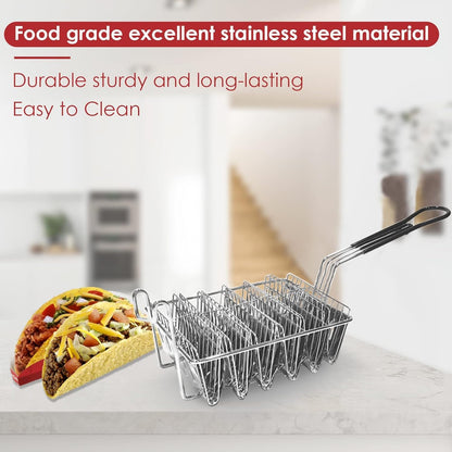 Taco Fryer Basket, 6 Shells Stainless Steel Taco Shell Fry Basket Tortilla Frying Basket, Taco Shell Maker Deep Fry Basket with Detachable Handle, Taco Holder Stand for Commercial and Home Use