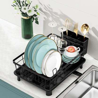 Small Dish Drying Rack by [Brand Name] - Space-Saving Kitchen Organizer with Cutlery Holder | 11''W x 15''L, Black