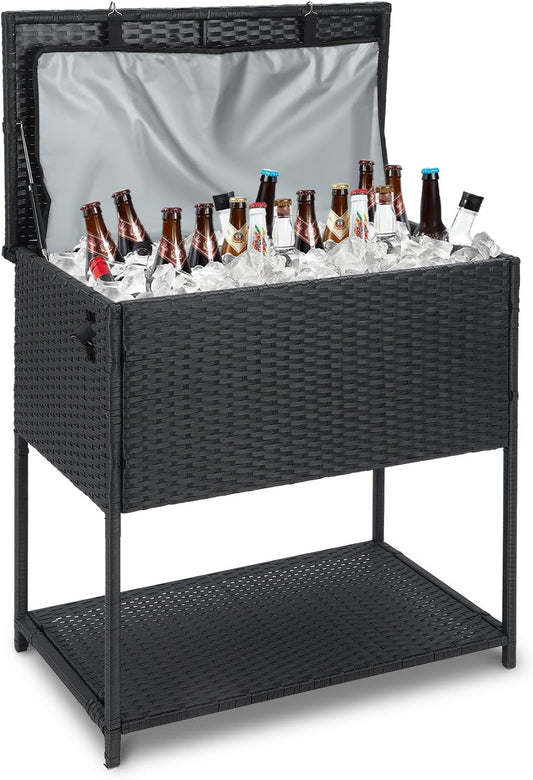 Skiennix 80 Quart Ice Chest Cooler Cart - Outdoor Beverage Stand with Bottle Opener for Parties & Poolside