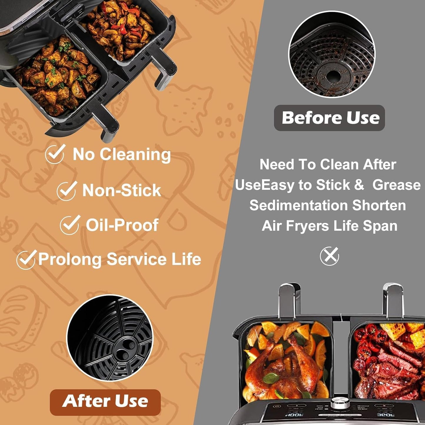 Skiennix Non-Stick Silicone Air Fryer Liners - Perfect Fit for Ninja DZ201/DZ401/DZ550 & COSORI 8-10 QT | 2 Pack