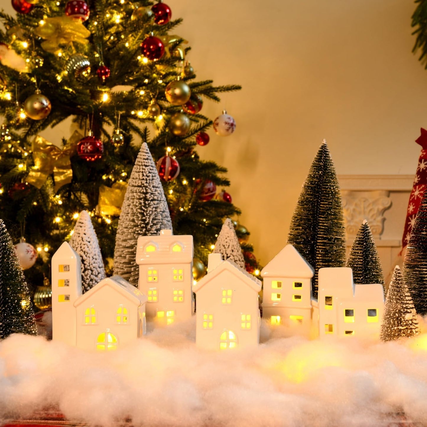 Regine Switzerland Ceramic Christmas Village Houses Set - 5 White Houses, 9 Trees & Fake Snow for Festive Indoor Decor