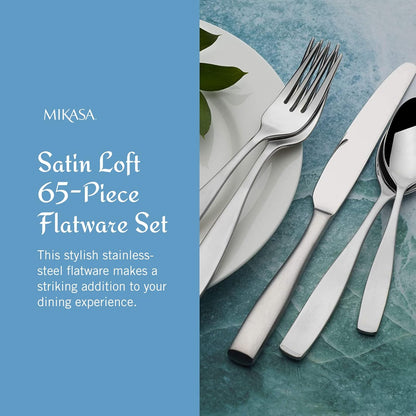 Mikasa Satin Loft 65-Piece Flatware Set - Elegant 18/10 Stainless Steel for 12 | Durable Silverware Set