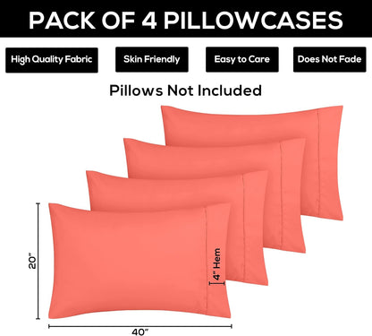 Utopia Bedding King Pillow Cases - 4 Pack - Soft Brushed Microfiber - Fade Resistant 20 X 40 Inches (Coral)