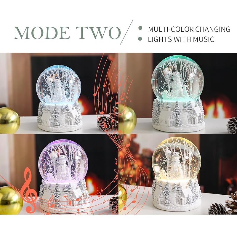 Bdor Snowman Christmas Snow Globe - White Winter Scene, 8 Melodies, Dual Light Modes