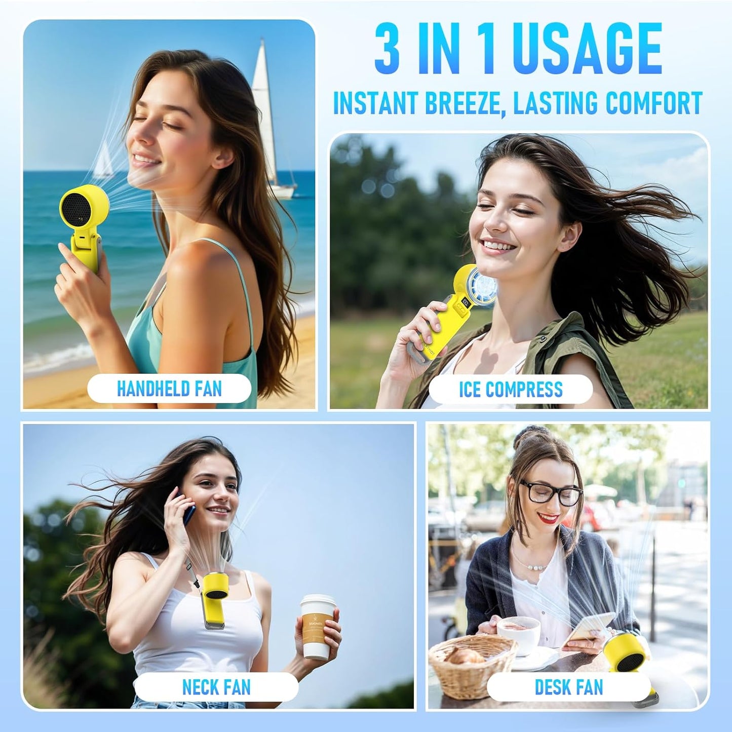 PlayHot Portable Handheld Turbo Fan - Rechargeable Ice Cooling Fan with 5 Speeds | Up to 12 Hours of Use (Yellow)