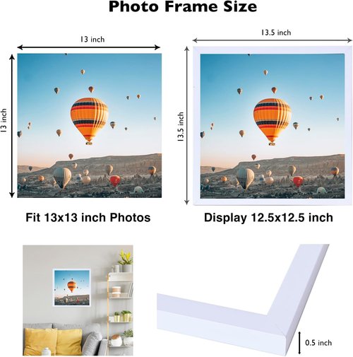 JCJMY 13x13 Picture Frame - White Wall Mount for Horizontal or Vertical Display | Shatter-Resistant Plexiglass