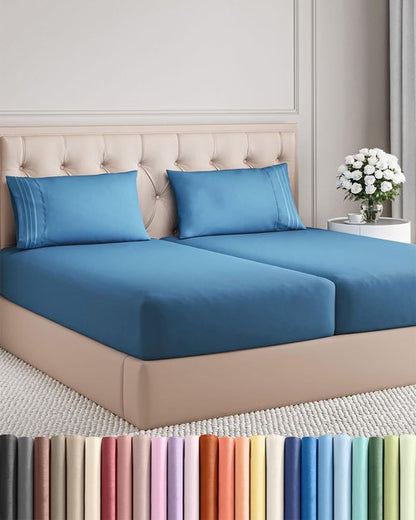 Split King Size 5 Piece Sheet Set - Comfy Breathable & Cooling Bed Sheets Set - Hotel Luxury Bedding for Women, Men, Kids, Teens, Boys & Girls - Deep Pockets and Wrinkle Free - Oeko-Tex - Denim Blue