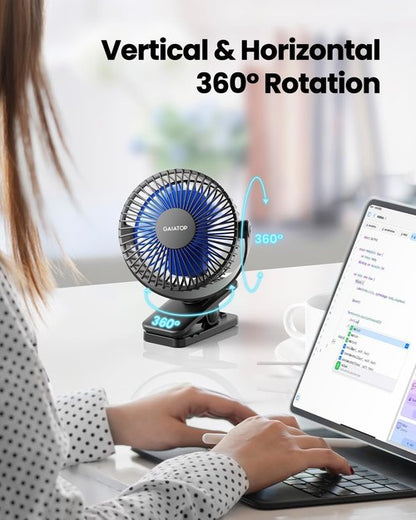 Gaiatop Portable Clip-On Fan - Battery Operated Mini Cooling Fan with 3 Speed Settings | USB Rechargeable, 360° Rotation, Ideal for Home, Office, and Camping - Black & Blue