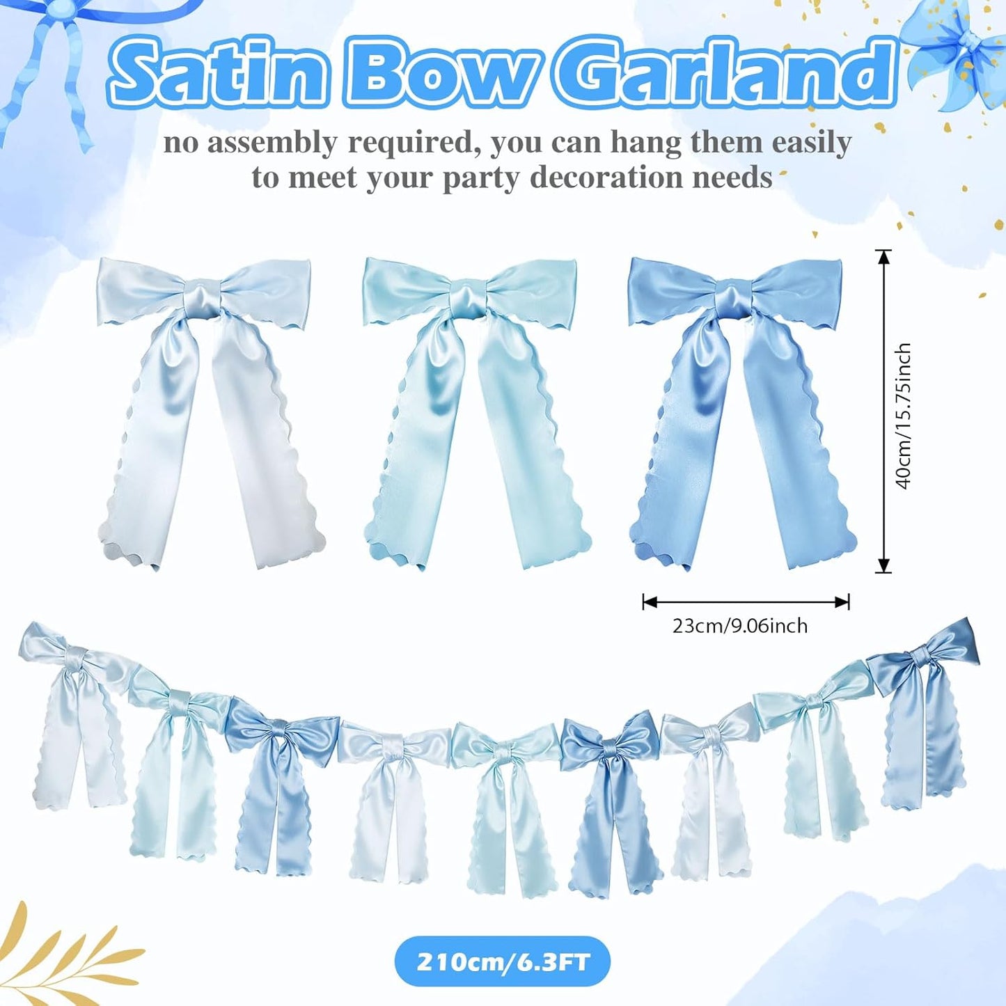 VitalCozy Blue Bow Garland - Pre-Strung Satin Ribbon Decor for Coquette Party & Bridal Showers