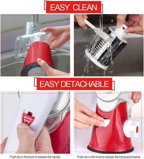 Cambom Rotary Cheese Grater - Hand Crank Shredder for Fresh Cheese & Vegetables | Non-Slip Base, Red