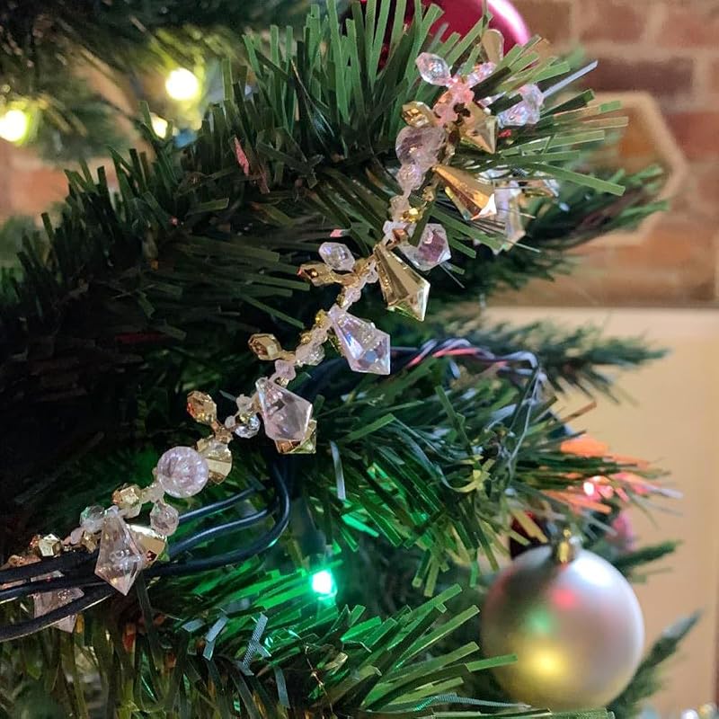 Crystal Bead Garland 16ft - Clear Iridescent & Gold Twist Bead String for Christmas Tree & Weddings