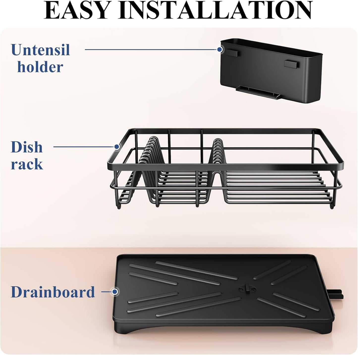 SNTD Dish Drying Rack - Large Rustproof Kitchen Dish Drainer with Drainboard & Utensil Holder | Black