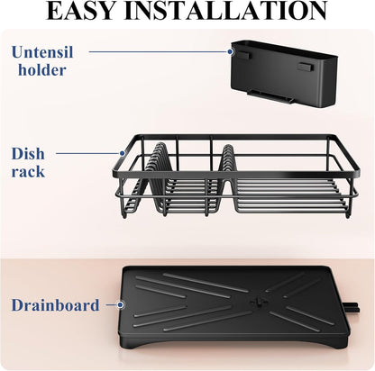 SNTD Dish Drying Rack - Large Rustproof Kitchen Dish Drainer with Drainboard & Utensil Holder | Black