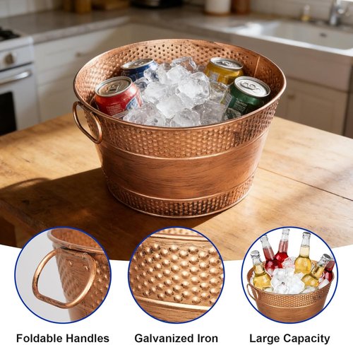 Galvanized Tub Ice Bucket For Parties, Thick Metal Galvanized Drink Buckets, Beverage Bucket with Handles, Drink Bucket for Indoor & Outdoor Party (1Pcs Copper)