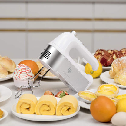 Skiennix Electric Hand Mixer - 450W Kitchen Mixer with Turbo Boost, 5 Speeds & Stainless Steel Accessories - White