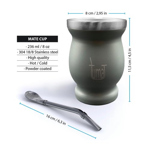 Complete Yerba Mate Kit - Includes Mate Cup, Straw (Bombilla), 750ml Thermos, Bag and two gifts (Container Yerbero and Car Immersion Heater) - Stainless Steel Yerba Mate Set (Dark Gray)