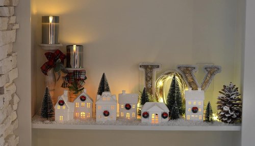 Mark Feldstein & Associates Holiday Wreath Village - 18-Piece White Porcelain LED Christmas Figurines with Trees
