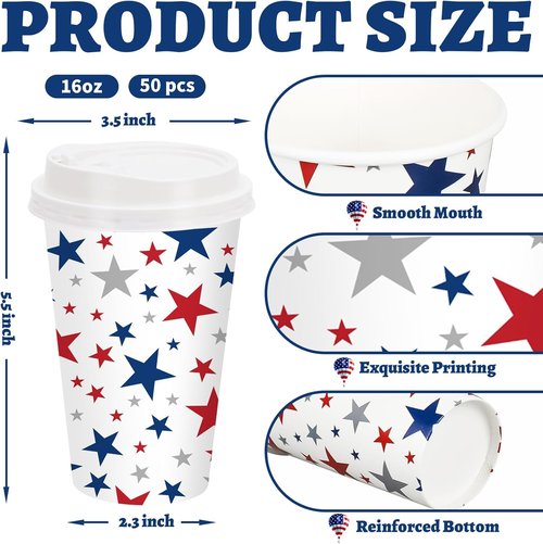 FYSUIMU 50Pcs 16Oz Patriotic Disposable Coffee Cups with Lids - Red & Blue Star Design for 4th of July Celebrations