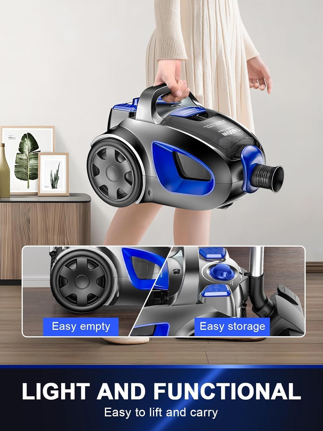 Regine Switzerland Canister Vacuum Cleaner - 40Kpa 1600W Cyclone Power, Lightweight & Bagless for Home | 3.7QT Dust Cup, Blue