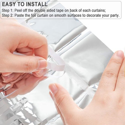 GREATRIL Metallic Party Backdrop - Silver Foil Fringe Tinsel Curtain for NYE & Events, 8.2ft x 3.2ft | Pack of 2