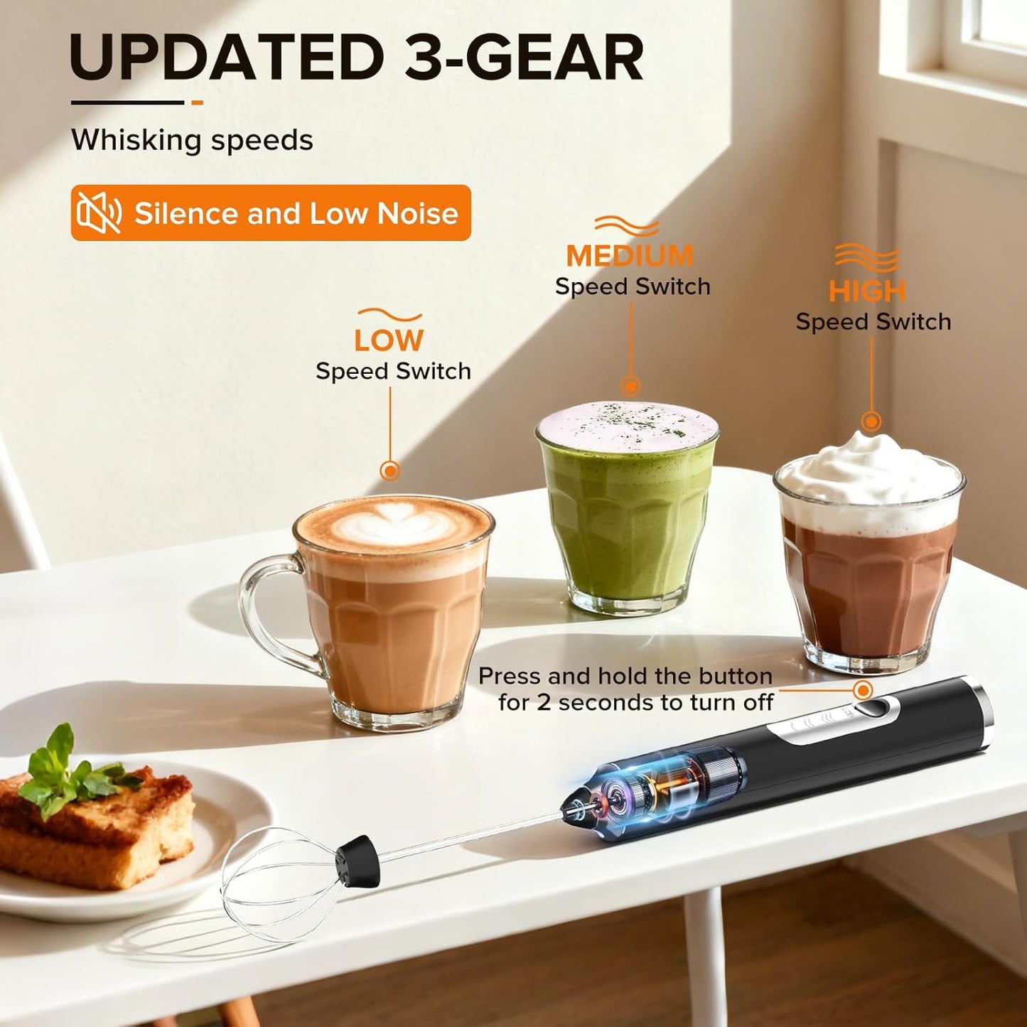 Skiennix Handheld Milk Frother - 3-Speed Rechargeable Wand with 3 Detachable Whisks | Perfect for Coffee, Latte, Cappuccino, Matcha & More (Black)