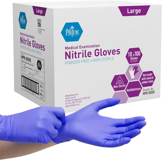 MedPride Nitrile Exam Gloves - Powder-Free, Large Size, Case of 1000 (10 Boxes of 100)
