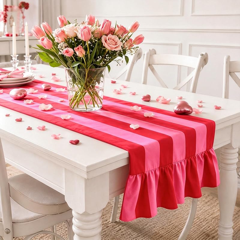 Ruffle Table Runner 13x72 inch - Boho Pink Red Striped Decorative Home Wedding Party