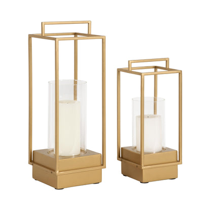 Kate and Laurel Brandt Modern Glam Two-Piece Candle Holder Set, 7 x 7 x 19, Gold, Transitional Wood and Metal Lantern Hurricane Candle Holders for Fireplace Mantel Display