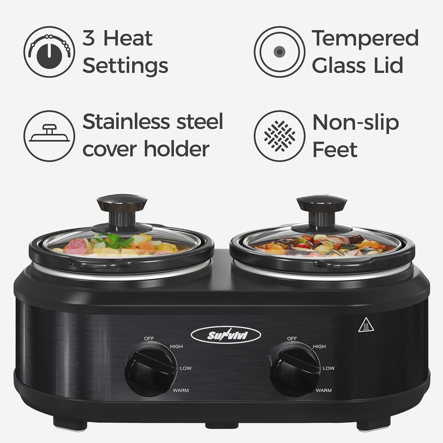 Sunvivi Double Slow Cooker - Dual Pot Mini Crock Buffet Server with Adjustable Temp | 2 x 1.25 Quarts Black