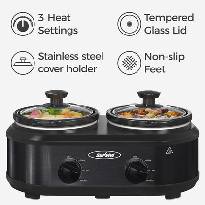 Sunvivi Double Slow Cooker - Dual Pot Mini Crock Buffet Server with Adjustable Temp | 2 x 1.25 Quarts Black