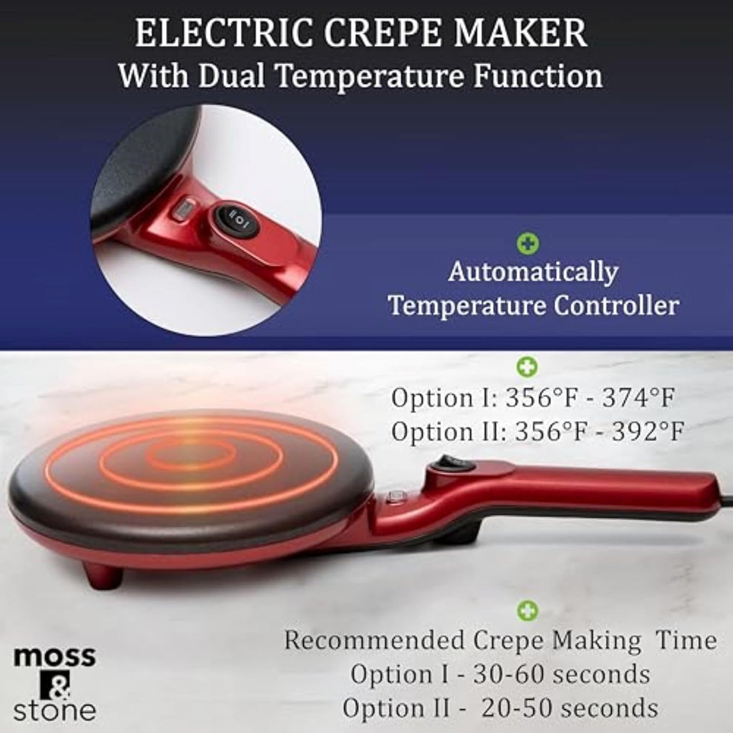 Moss & Stone Electric Crepe Maker - 8 Inch Nonstick Portable Hot Plate with Dual Temperature Control